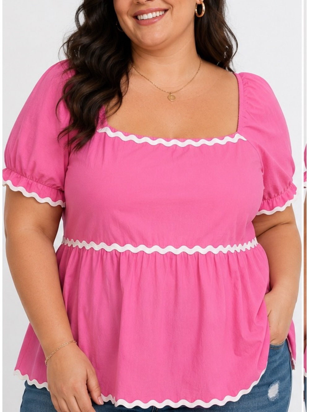 BloomChic Pink 100% Cotton Ric-Rac Trim Puff Sleeve Top - Plus Size US 30